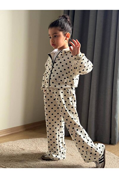 ARBİ kids Girl's Polka Dot Oysho Fabric Zippered Hooded Double Set