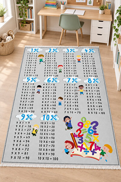 HANEVA Neşeli Matematik Gri Çarpım Tablosu Desenli Eğitici Çocuk Odası Kaymaz...