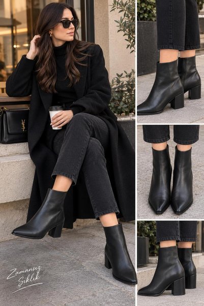 Saltopik Black Leather Low-Cut Pointed Heeled Boots