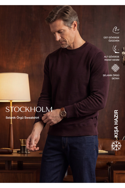 simpleQloth Stockholm | Bisiklet Yaka Sweatshirt-Bordo-Lacivert Melanj