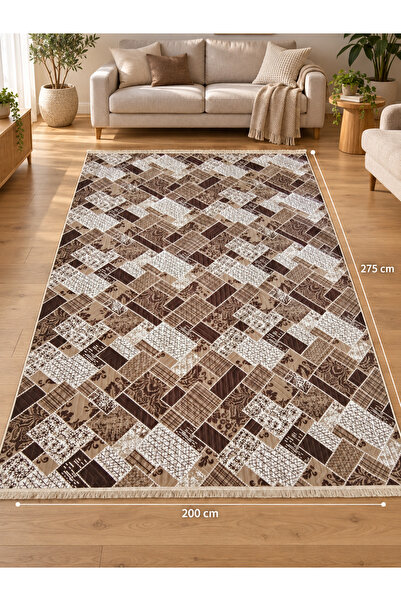 OEM Covor 200×275 cm, model patchwork geometric, maro și bej, spate antiderapant