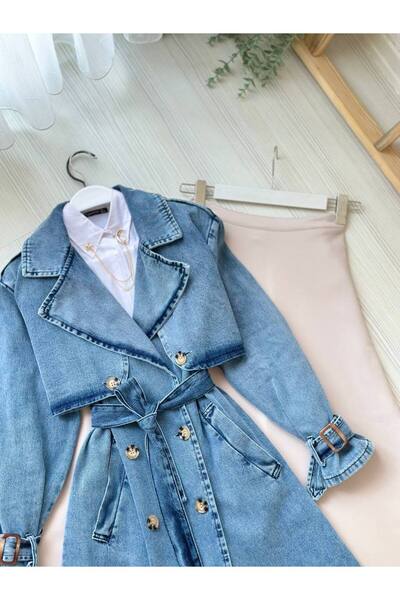 Mava Lady Kadın Kuşak Detaylı Kot Trençkot Düğmeli Denim Trençkot
