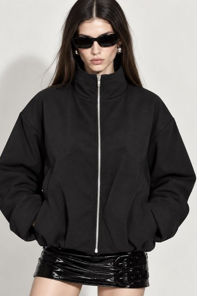 The Champ Clothing Women's Vanta Oversize Bomber Jacket Black – High Collar, Full Zipper, Hidden Pockets, Elastic Waist