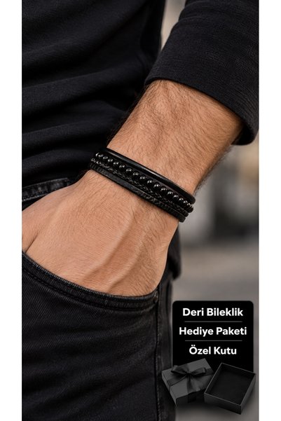 HER ŞEY NOTA www.herseynota.com سوار رجالي من الجلد الأسود من Kharven Onyxrai...