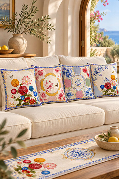 Cango Home Royal Garden Çiçek ve Kuş Desenli 4'lü Kırlent Kılıfı 1 Runner Set...