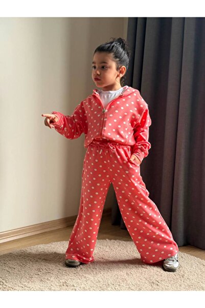 ARBİ kids Girl's Polka Dot Oysho Fabric Zippered Hooded Double Set