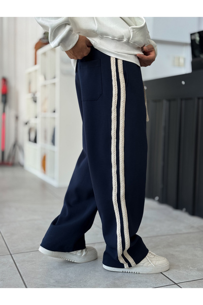 BYBASICMAN Navy Blue Knitted Striped Baggy Tracksuit We-5135