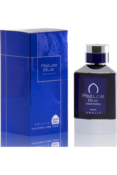 khalis PERFUMES Khalis Astute Blue, Luxury Perfume for Men, 100ml, Fresh Citrus & Woody Fragrance with Lemon, Peach, Vanilla & Musk Notes