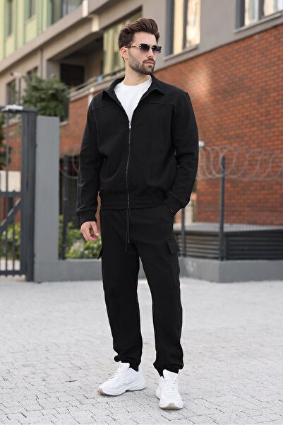 Madmext Black Stand Collar Men's Tracksuit Set with Cargo Pockets E7370