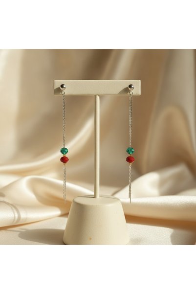 MODAYAŞAR Red Green Czech Crystal Silver Color Long Chain Dangle Earrings