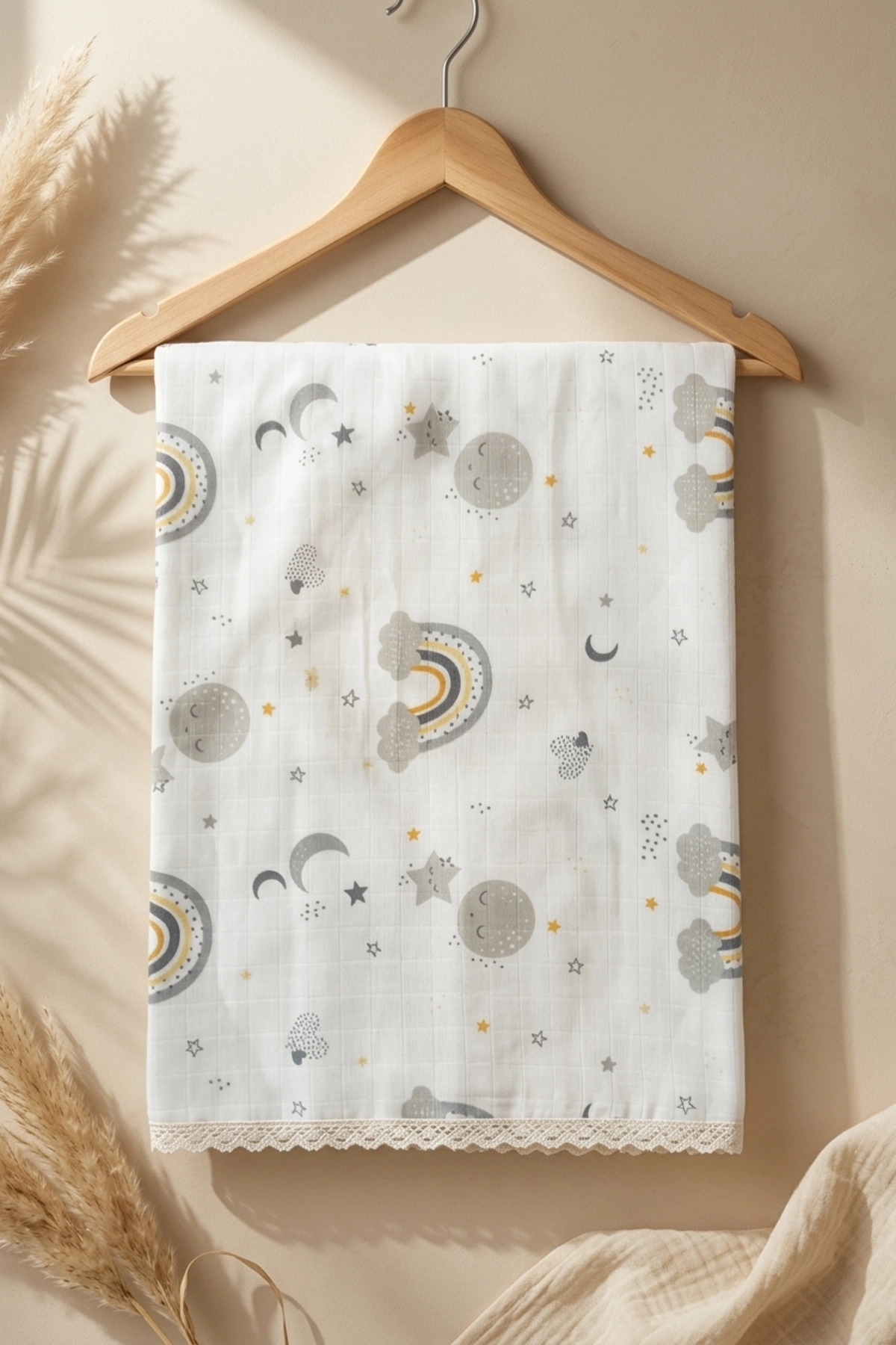 ANP MODA TASARIM Rainbow Gray Patterned Cotton Muslin Baby Blanket with Pipin...