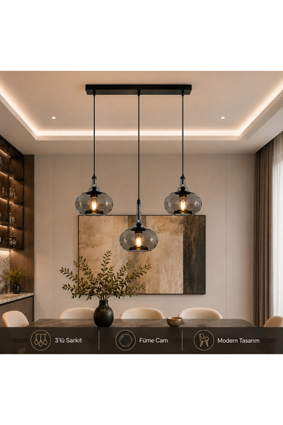 3’lü Camlı Sıralı Sarkıt Avize – Siyah Kasalı Modern Dekoratif Aydınlatma