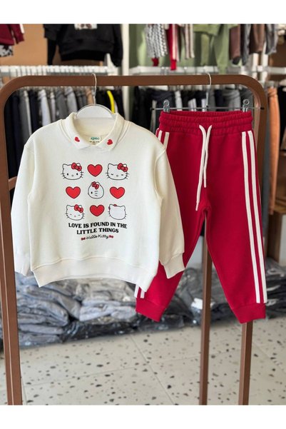 mirkidsclub Girl's Hello Kitty Printed Polo Collar Tracksuit Set Sweatshirt Pants 2-Piece Set