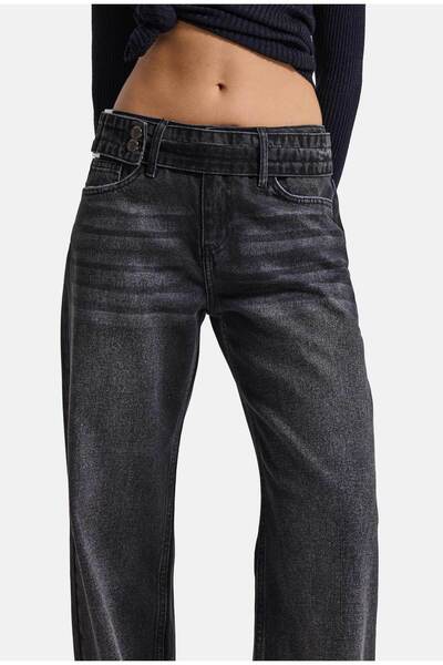 it's basic Kadın Koyu Füme 2w6-1 Straight Fit Kemer Detaylı Tasarım Denim Jean