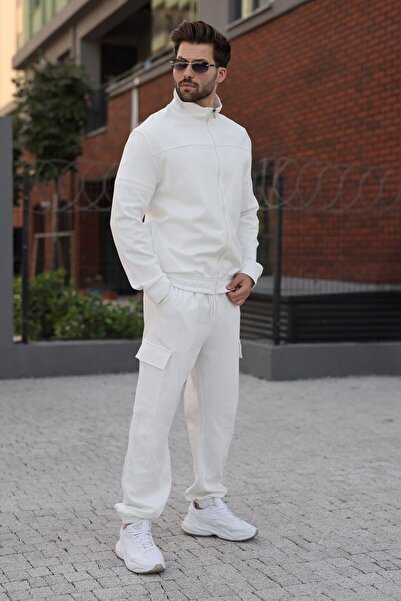 Madmext Ecru Stand Collar Men's Tracksuit Set with Cargo Pockets E7370