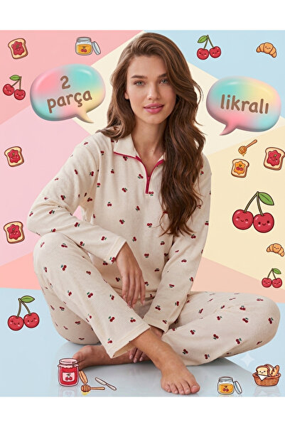 Mihra Cute Kawaii Soft Cherry Fruit Zipper Collar Long Sleeve Double Pajama Set