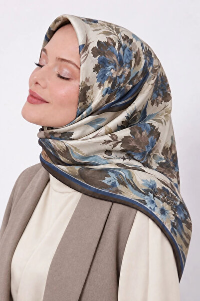 Lesscarves Desenli Pamuk İpek Eşarp 90x90 LS2213 01-Bej-Vizon-Bebe Mavisi