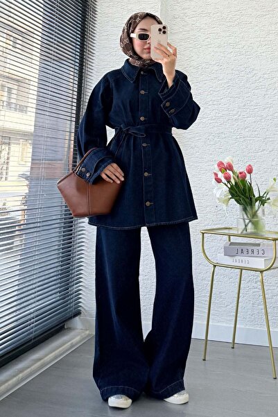 MELEK ARAZ Premıum Denim Oversize İkili Kot Takım – Koyu Mavi