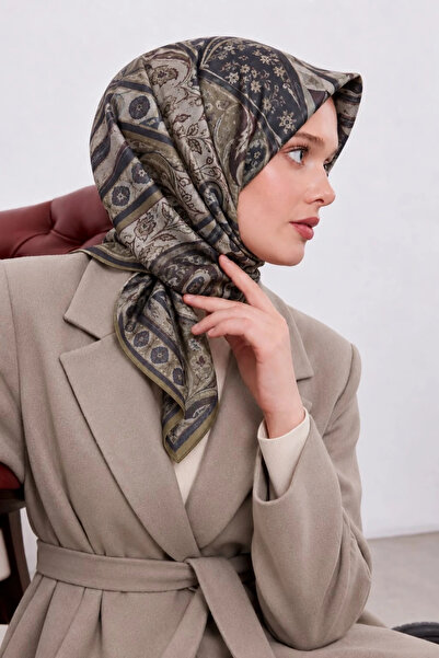 Lesscarves Desenli Pamuk İpek Eşarp 90x90 LS2212 13-Haki-Acı Kahve-Açık Vizon