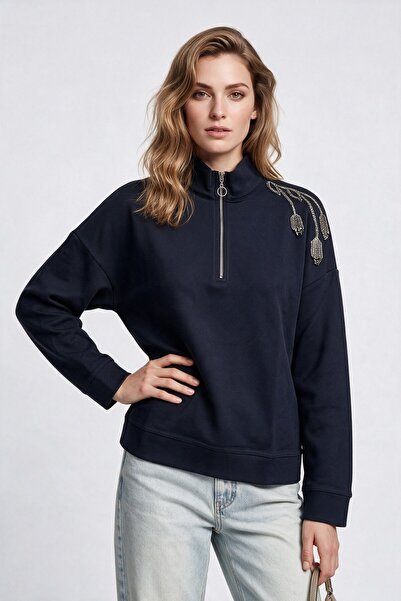 Vedi Kadın Dik Yaka Yarım Fermuarlı Omuz Detaylı Pamuk Karışımlı Sweatshirt