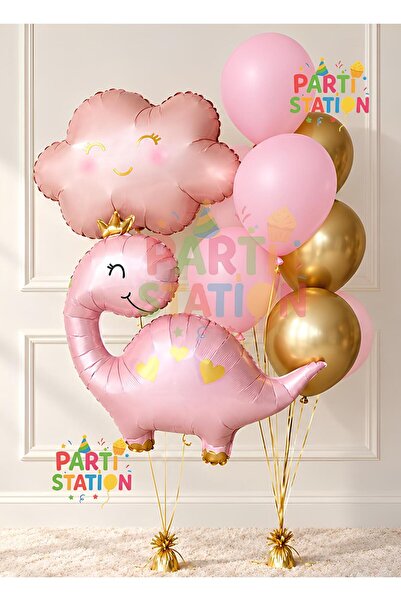Parti Station Cute Pink Dinosaur Concept and Pink Cloud Balloon Set - 8 Piece...