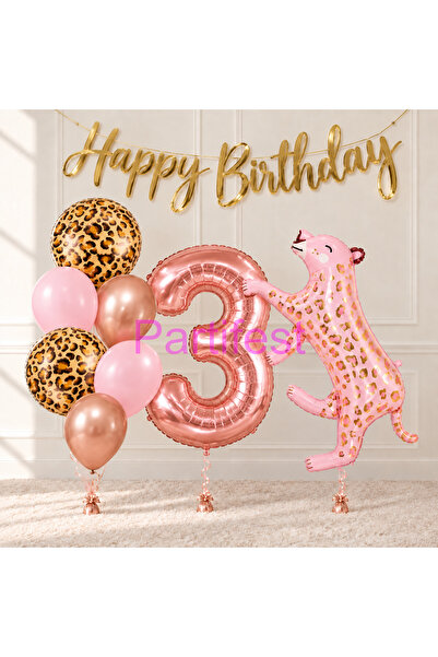 Leopar Balon Seti Kız Çocuk Doğum Günü 3 Yaş – 76 cm Rakam Balon, Pembe Leopar Folyo Balon, Happy Birthday Süsleme Seti