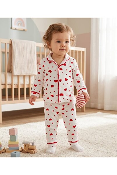Valia Baby Heart Patterned 100% Cotton Baby Collared Pajama Set for Baby Girl