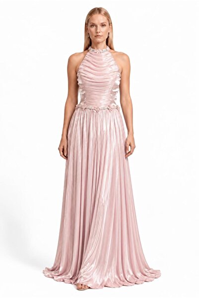 SpringStore Pudra Halter Yaka Pliseli Abiye