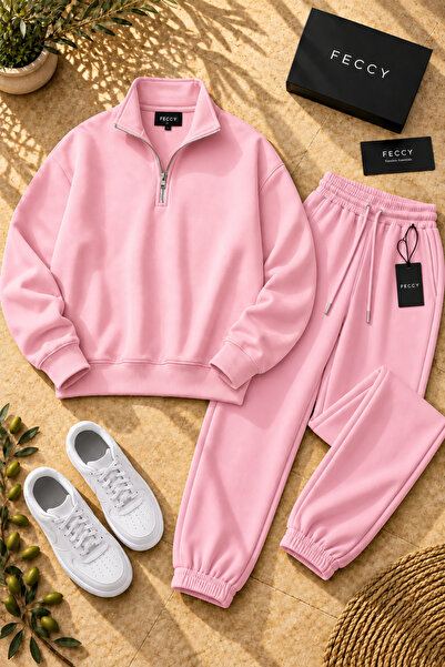 FECCY Set de trening unisex premium din bumbac cu jumătate de fermoar, cu 3 f...