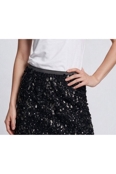 Ekol Women's Sequined Mini Skirt with Feather Edge Detail, Straight Cut