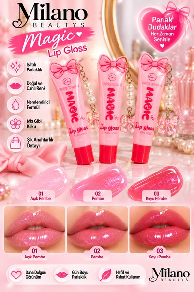 MİLANO BEAUTYS Magic Simli Dudak Parlatıcısı – Fiyonk ve İnci Anahtarlık Deta...