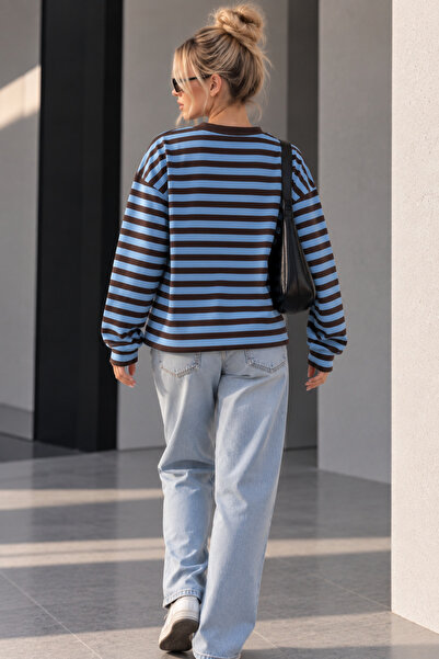 vayro Sweatshirt Şardonsuz Çizgili Too Focused Nakışlı Sıfır Yaka BSR2007