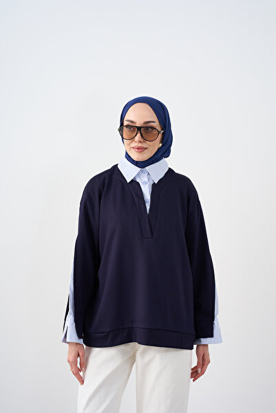 LOCCO Kadın Gömlek Yaka Çizgi Detay Sweatshirt Lacivert