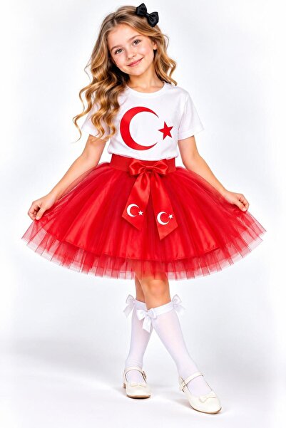 Nacar Kız Çocuk Ay Yıldız Baskılı Kısa Kollu Tişört Kırmızı Tütü Etek Takımı ...