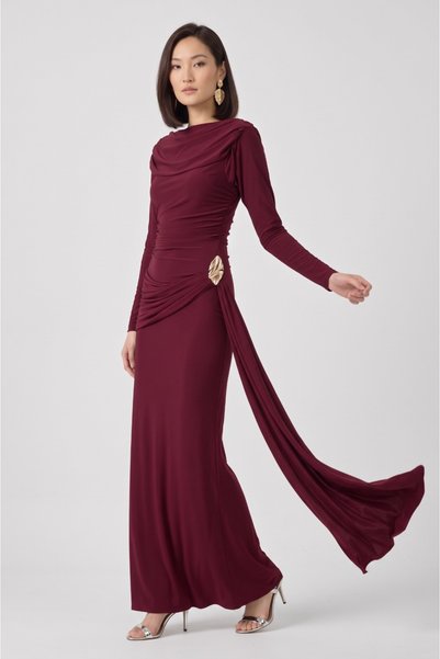 Diemmood Rochie lungă și elegantă pentru femei drapat cu detalii asimetrice care îmbrățișează corpul