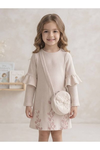 GREYFURTKİDS Girl's Embroidered Ruffle Dress Bag Set Long Sleeve