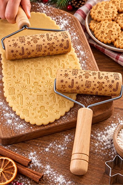 Kitchen Beauty Ahşap Desenli Hamur Merdanesi Kurabiye Ve Pasta Hamuru Şekille...