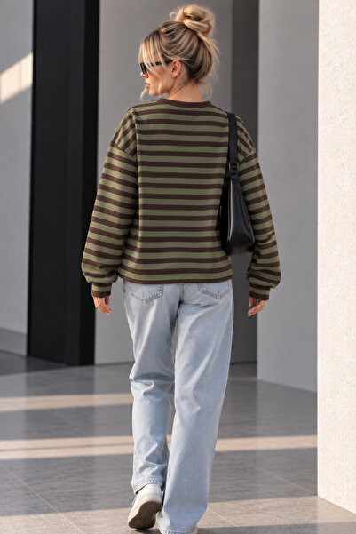 vayro Sweatshirt Şardonsuz Çizgili Too Focused Nakışlı Sıfır Yaka BSR2007