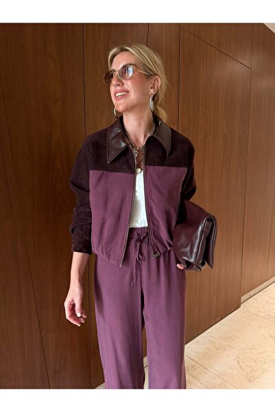 begum mayda Orijinal Model , Deri Yakalı , Kadife Detaylı , Mürdüm Tencel Takım