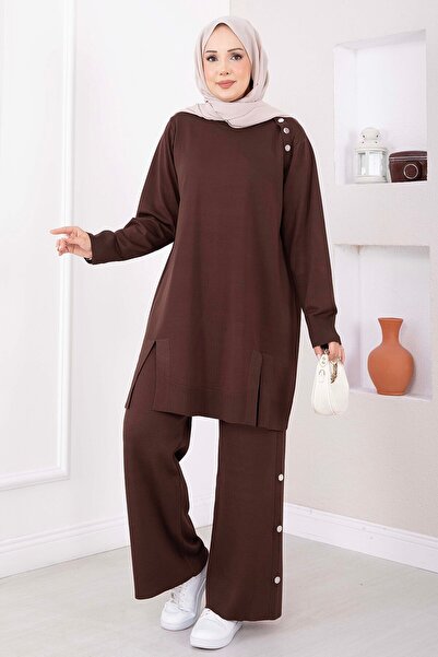 EBRUTESETTÜR Button Detailed Tunic Trousers Knitwear Set Brown