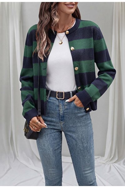 KOZİA OUTDOORS Malkoçbey Black Knitwear Striped Crop Cardigan