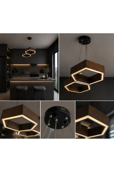 Hexa Modern LED Sarkıt Avize – Ahşap Detaylı Lüks Dekoratif SARKIT Aydınlatma