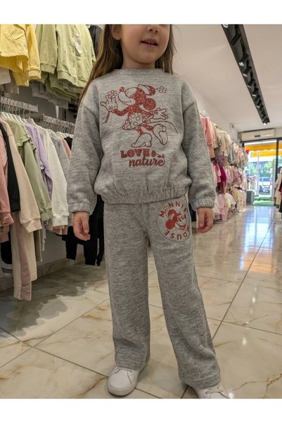 Generic Brand Girl's Gray Glitter Printed Minnie Mouse Patterned Sweatshirt D...