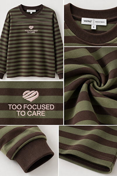 vayro Sweatshirt Şardonsuz Çizgili Too Focused Nakışlı Sıfır Yaka BSR2007