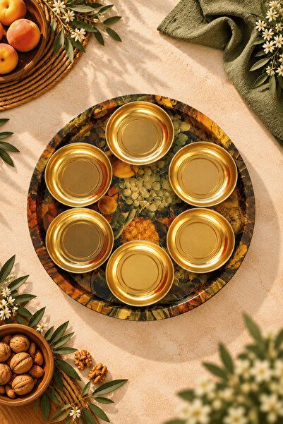 Sarkap Home 34 cm Üzüm Desenli Tepsi ve 10x3,2 cm 6'lı Gold Çerezlik Seti