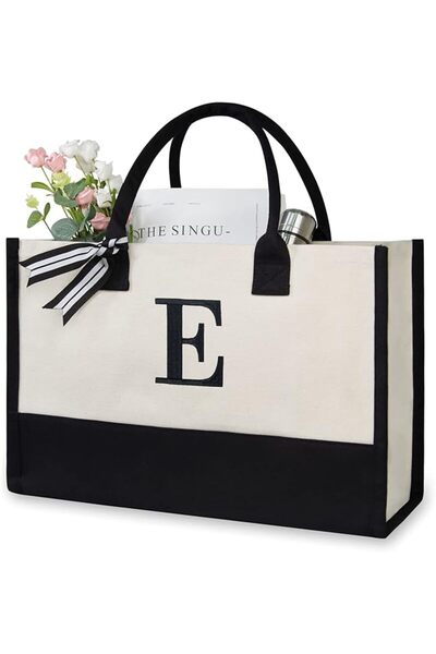 TOPDesign Personalized Initial Canvas Beach Bag, Monogrammed Gift Tote Bag fo...