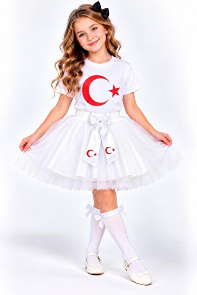 Nacar Kız Çocuk Yeni Sezon Ay Yıldız Baskılı Kısa Kollu Tişört Tütü Etek Takı...