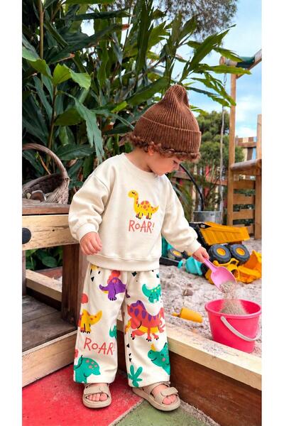 YİGİT BUTİK Boy's Dinosaur Printed 3 Yarn Non-Padded Sweatshirt Pants Top and...