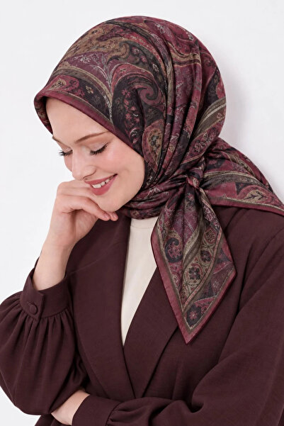 Lesscarves Desenli Pamuk İpek Eşarp 90x90 LS2212 02-Mürdüm-Siyah-Koyu Zeytin ...