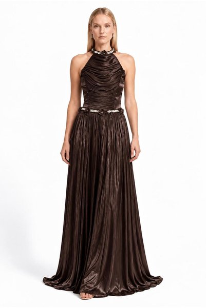 SpringStore Kahve Halter Yaka Pliseli Abiye